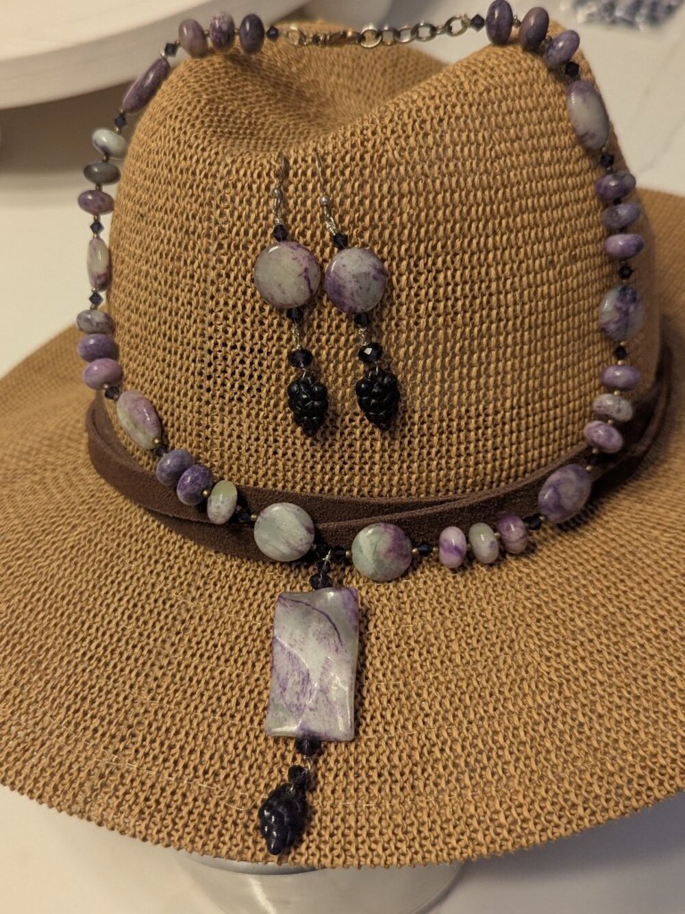 Swarovski Crystal, Purple Grass Jade & Lampwork Glass Sterling Slvr Necklace Set